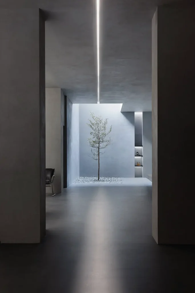 A minimalist interior with smooth gray walls and floors features a single slender tree planted in a square bed of white pebbles, illuminated by a linear ceiling light. Shelves with small objects are inset into the right wall.