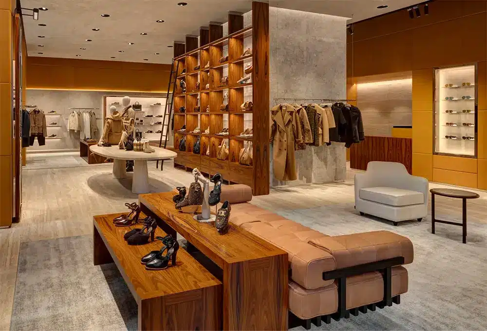 A modern luxury fashion boutique with wooden shelves displaying handbags, shoes, and accessories. Clothing hangs neatly along the wall. The space has neutral tones, soft lighting, and stylish seating areas.