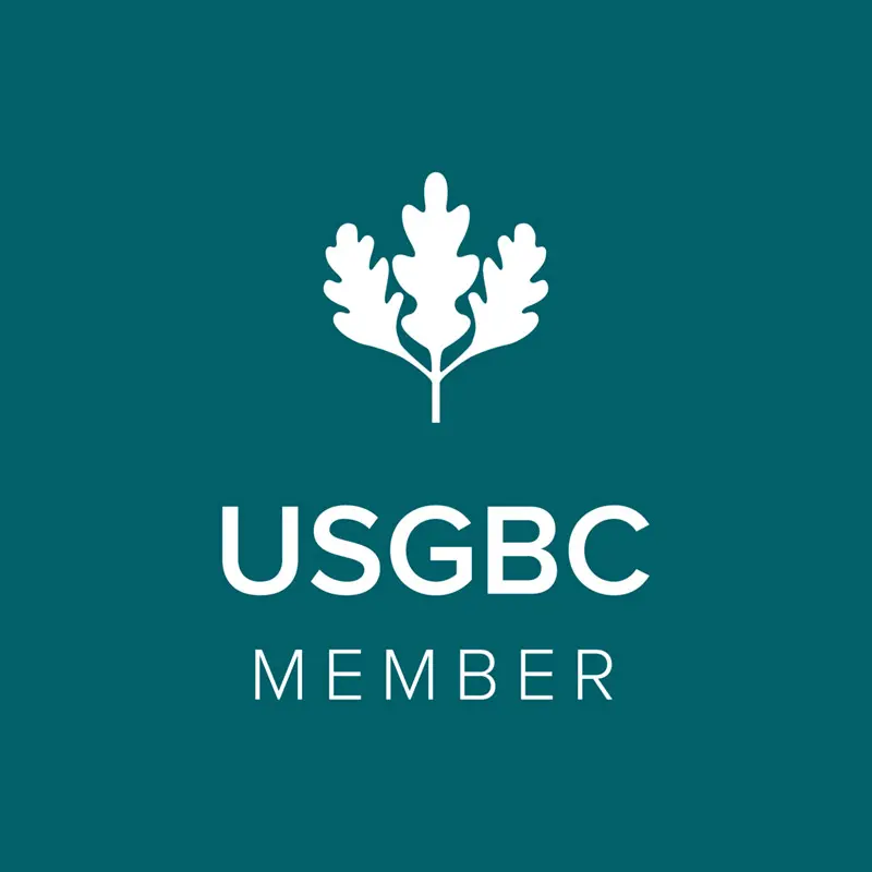 USGBC Member logo with a white oak leaf design above the text "USGBC MEMBER" on a teal background.