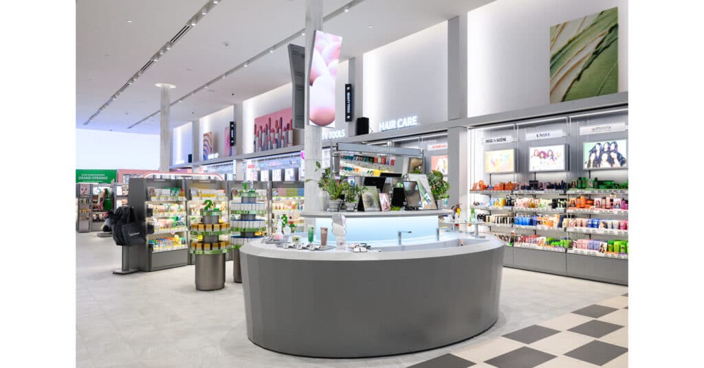 A brightly lit cosmetics store interior with a circular display counter in the center, shelves stocked with beauty products, and colorful advertisements on the walls.