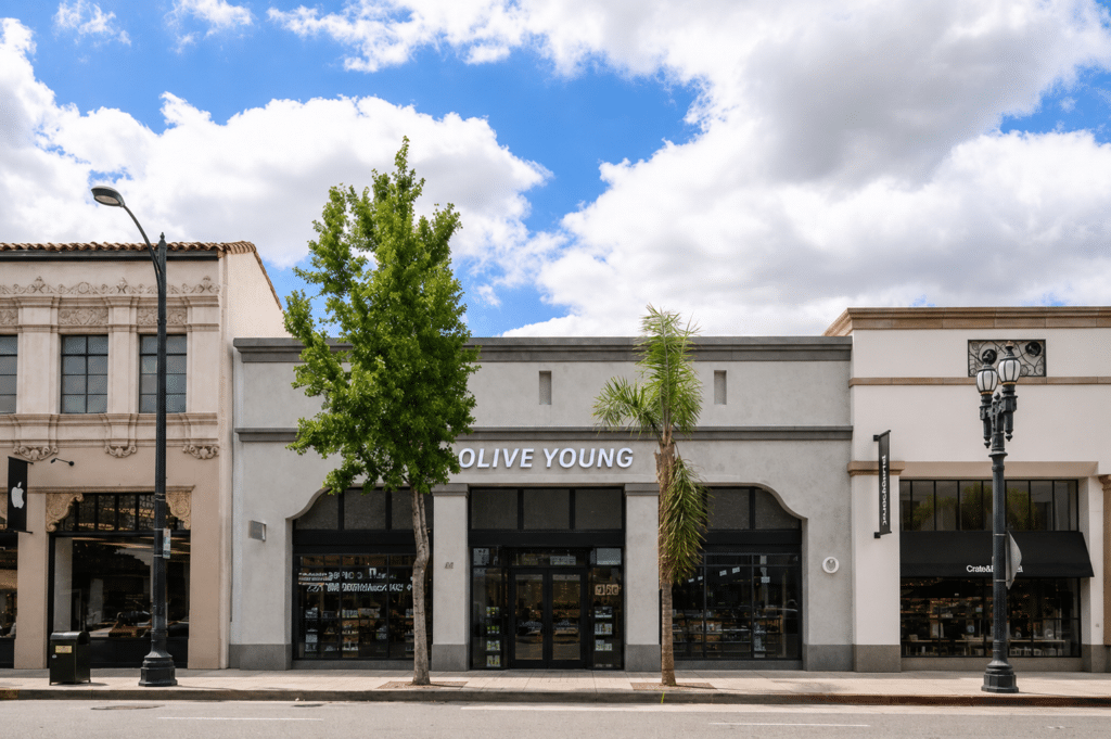 A storefront with “OLIVE YOUNG” signage, large windows, and two trees in front on a sunny day with partly cloudy skies.