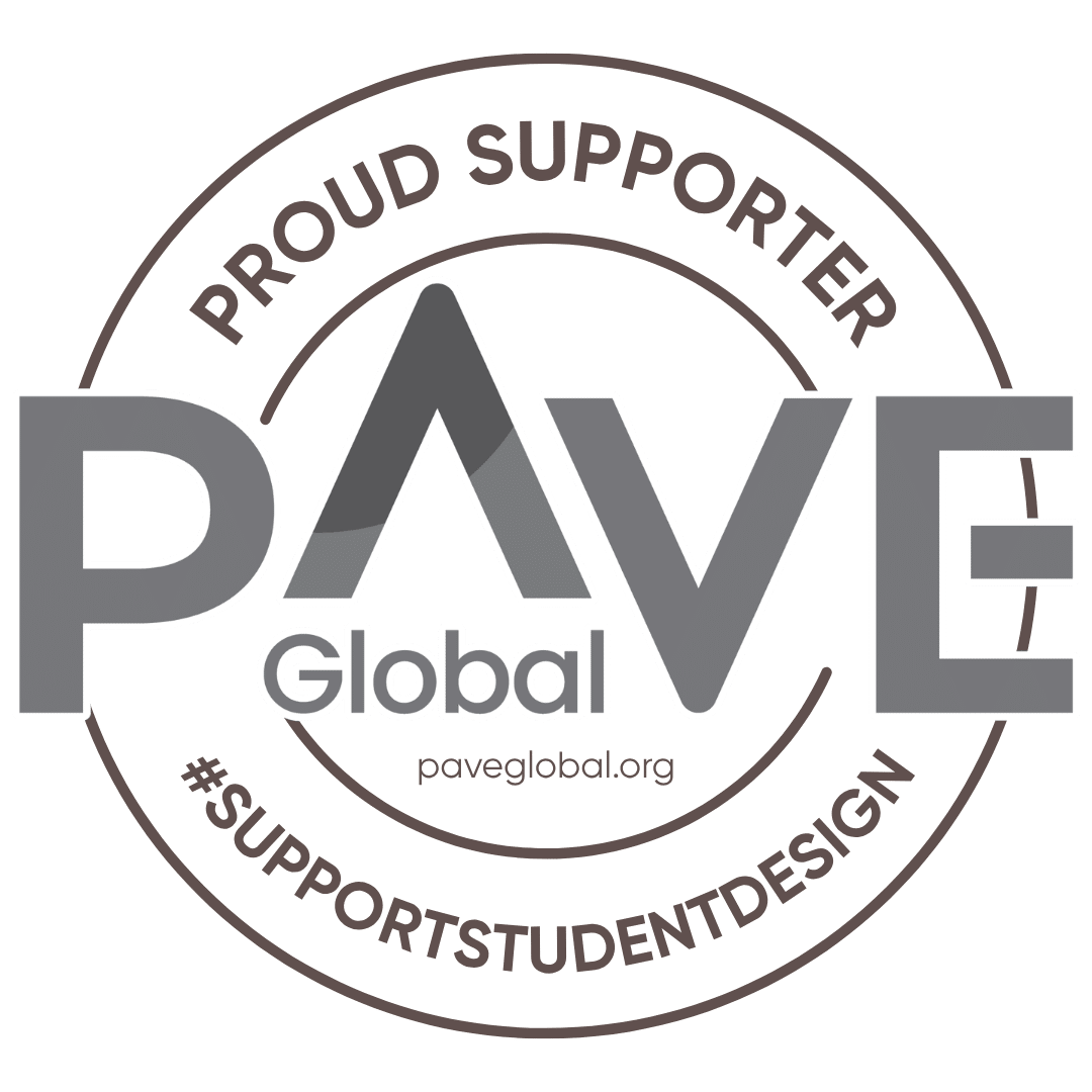 Circular logo with the words “Proud Supporter,” “PAVE Global,” “paveglobal.org,” and “#SupportStudentDesign” in grey text on a white background. The letter “A” in “PAVE” is stylized.